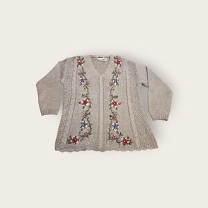 Vintage Y2k early 2000s Bobbie Brooks green pastel floral knit v-neck sweater